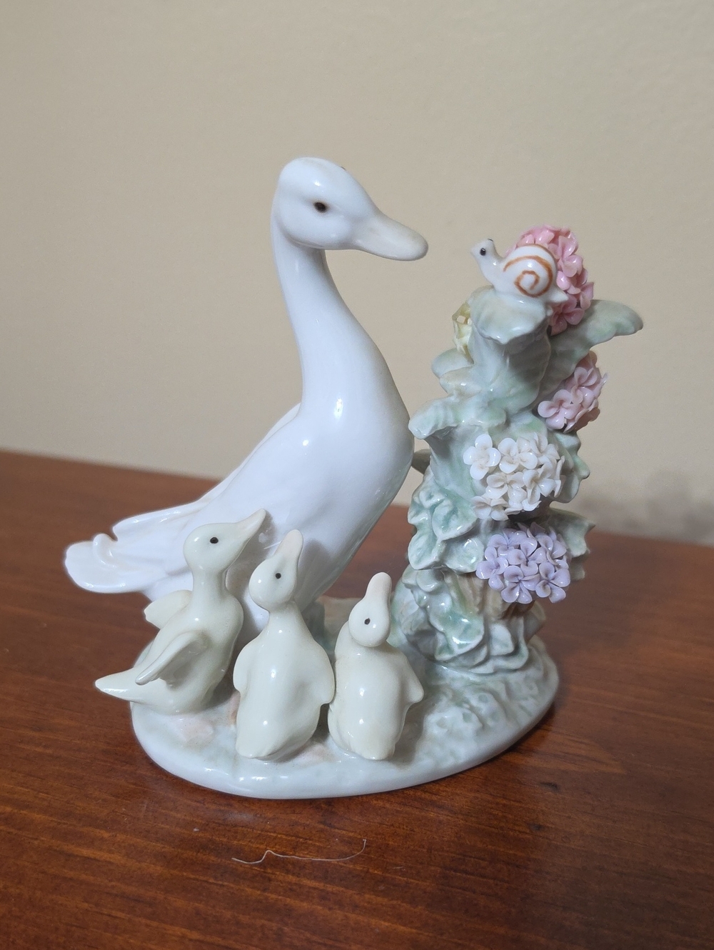Lladro White Porcelain Duck Family with Pastel Floral Tree.1984